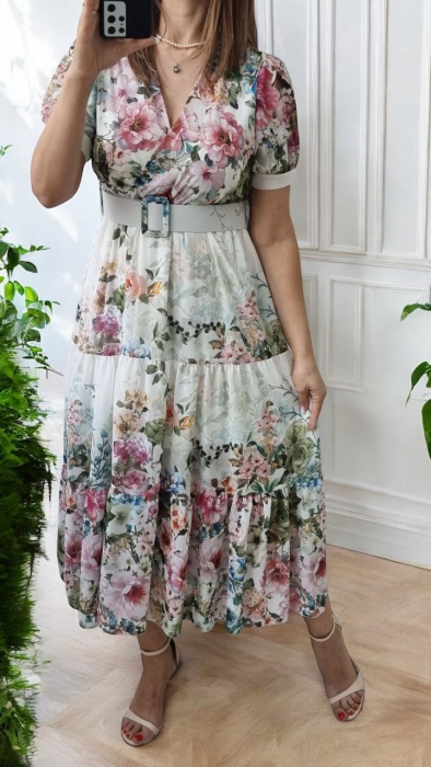 Rochie lunga vaporoasa cu imprimeu floral si curea accesorizata, croi in clos, marime unica S-L [1]