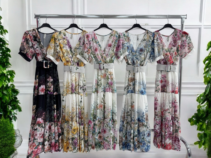 Rochie lunga vaporoasa cu imprimeu floral si curea accesorizata, croi in clos, marime unica S-L [2]