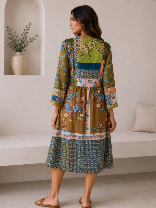 Rochie midi cu imprimeu floral, decolteu in V si maneci trei sferturi [2]