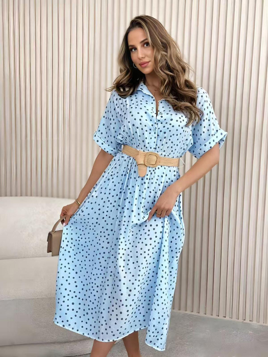 Rochie midi dama cu buline, tip camasa, lejera si eleganta, cu maneca scurta [2]
