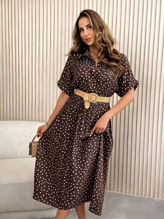 Rochie midi dama cu buline, tip camasa, lejera si eleganta, cu maneca scurta [4]