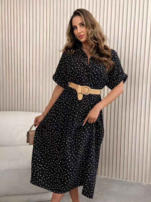 Rochie midi dama cu buline, tip camasa, lejera si eleganta, cu maneca scurta [5]