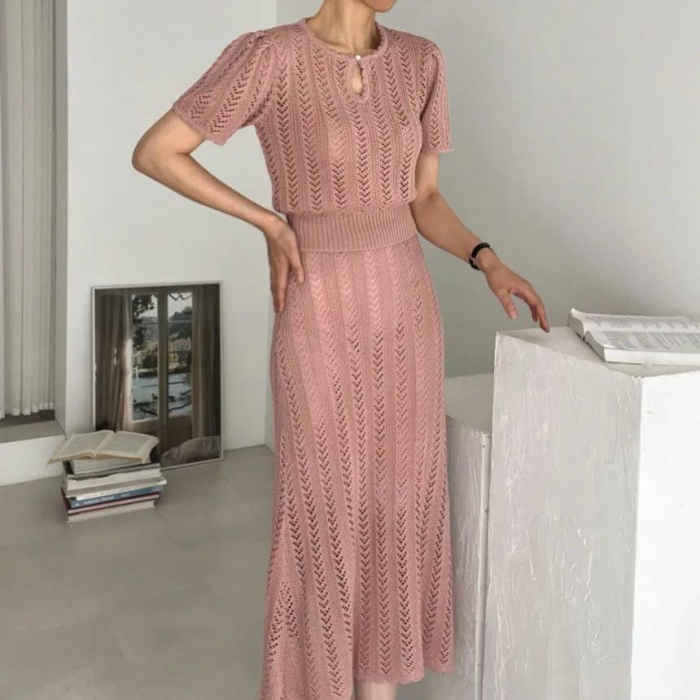 Compleu dama de vara cu bluza si fusta midi  tricotata [3]