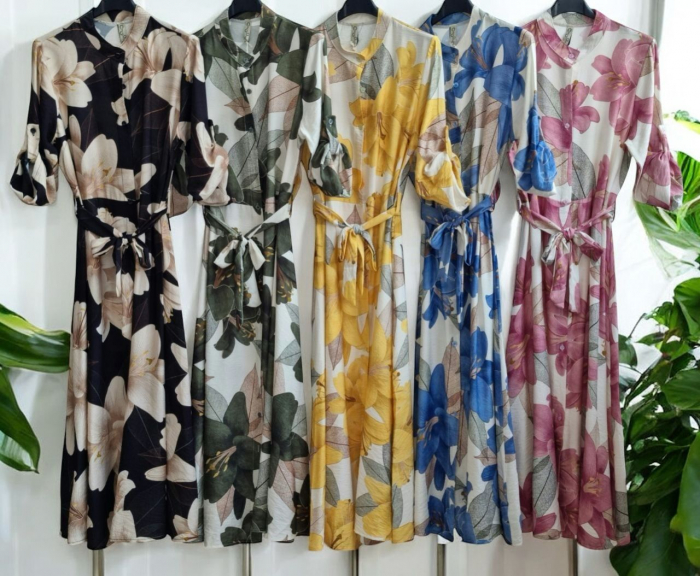 Rochie midi din vascoza cu imprimeu floral si cordon – marime universala S-XL [2]