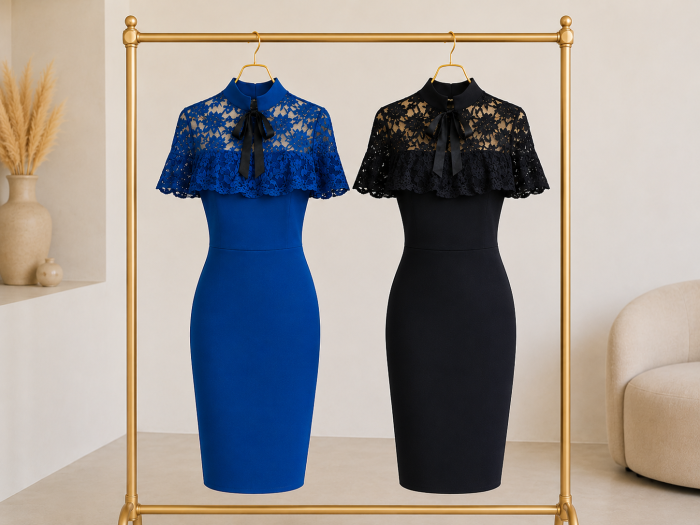 Rochie midi eleganta cu dantela, funda la gat si croi cambrat [2]