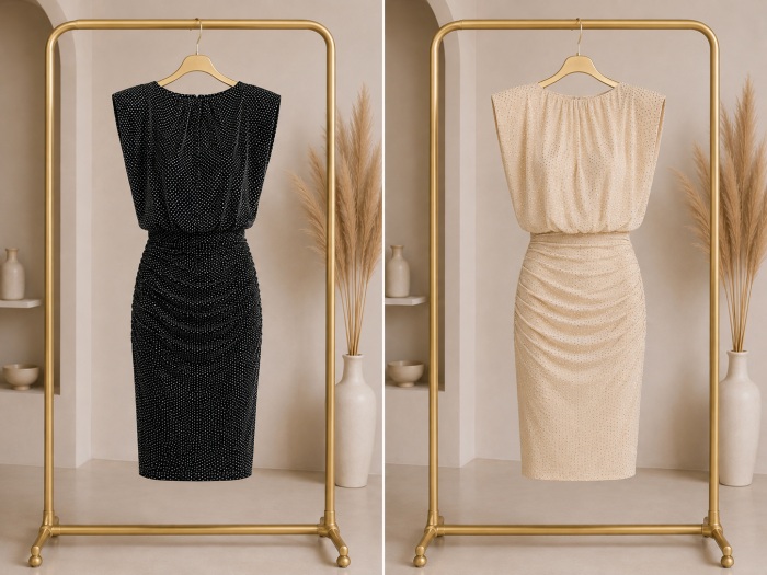 Rochie  midi eleganta cu strasuri, decolteu inalt si croi mulat din lycra [2]