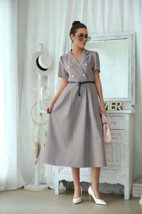 Rochie midi eleganta dama cu dungi fine, cordon in talie si guler tip sacou 3051 [2]