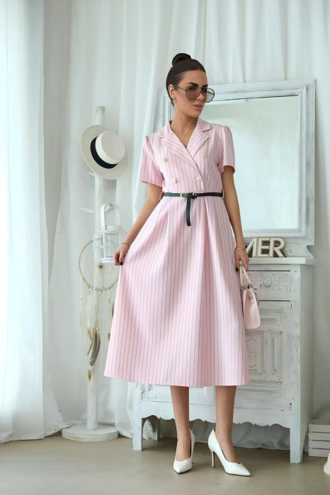 Rochie midi eleganta dama cu dungi fine, cordon in talie si guler tip sacou 3051 [5]
