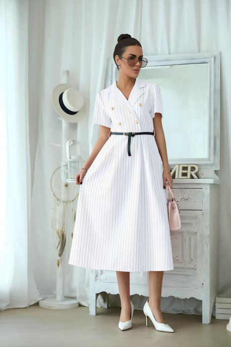 Rochie midi eleganta dama cu dungi fine, cordon in talie si guler tip sacou 3051 [6]