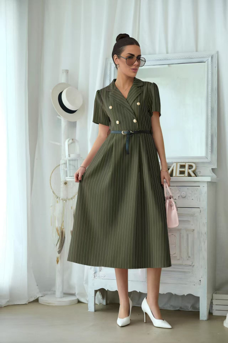 Rochie midi eleganta dama cu dungi fine, cordon in talie si guler tip sacou 3051 [4]