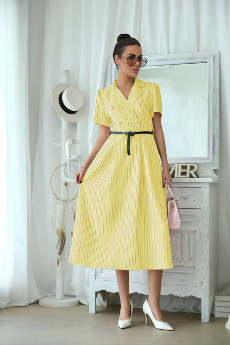 Rochie midi eleganta dama cu dungi fine, cordon in talie si guler tip sacou 3051 [7]