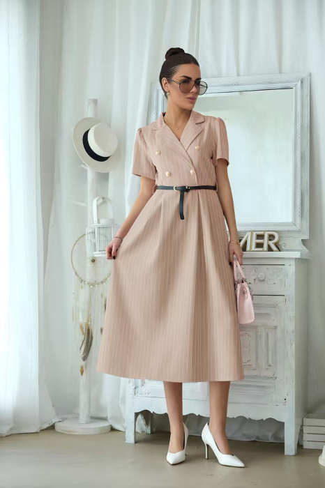 Rochie midi eleganta dama cu dungi fine, cordon in talie si guler tip sacou 3051 [3]