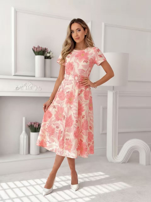 Rochie midi eleganta dama cu imprimeu floral, maneca scurta si cordon in talie [9]