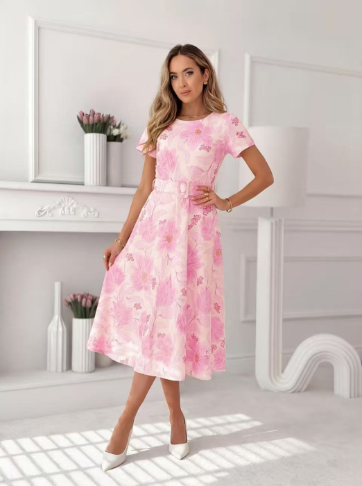 Rochie midi eleganta dama cu imprimeu floral, maneca scurta si cordon in talie [6]