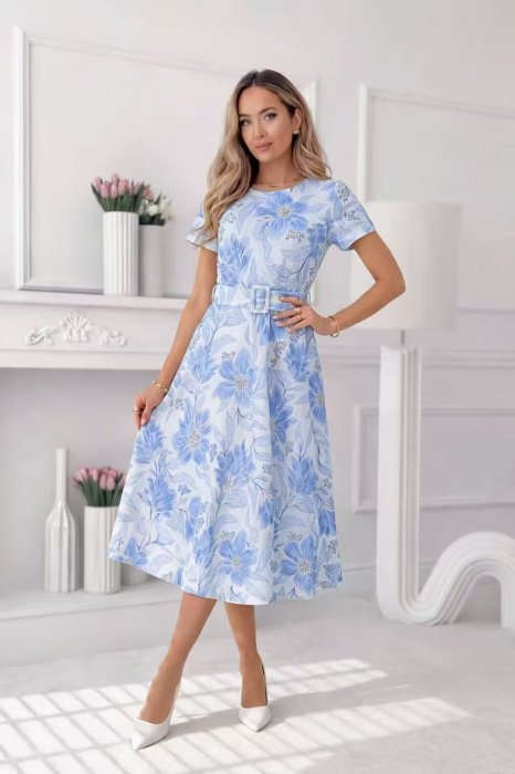 Rochie midi eleganta dama cu imprimeu floral, maneca scurta si cordon in talie [7]