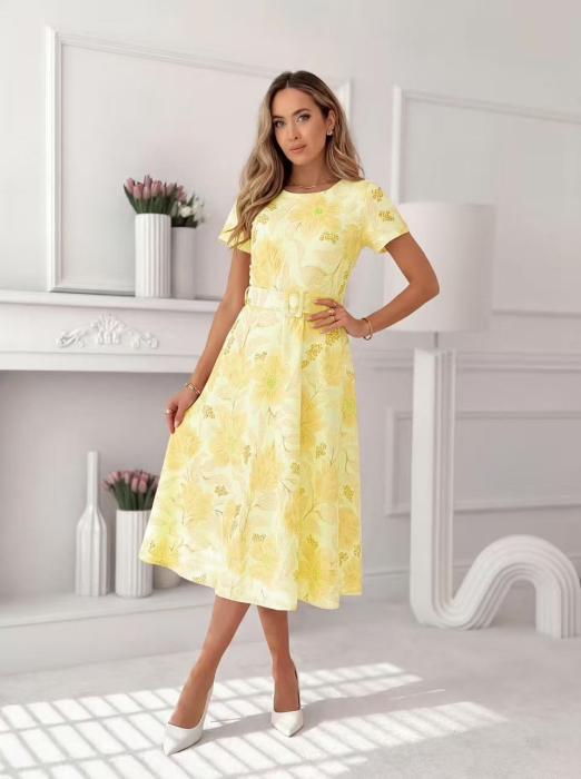 Rochie midi eleganta dama cu imprimeu floral, maneca scurta si cordon in talie [8]
