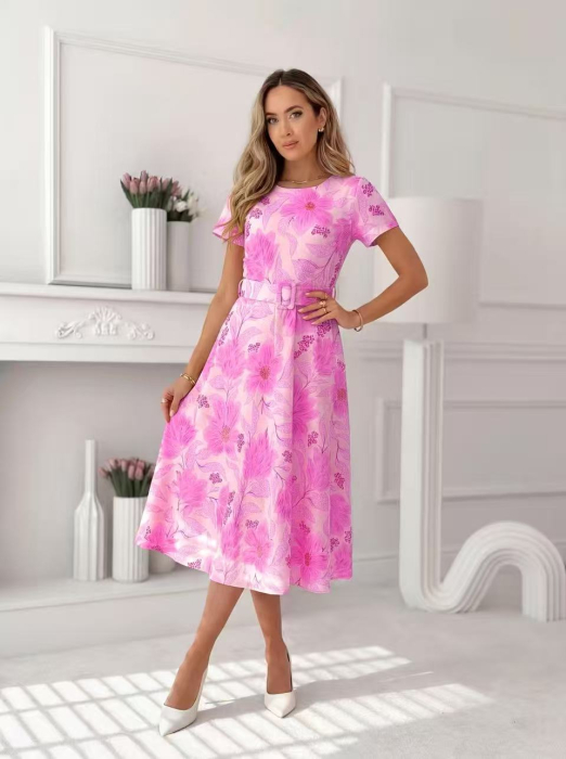 Rochie midi eleganta dama cu imprimeu floral, maneca scurta si cordon in talie [3]