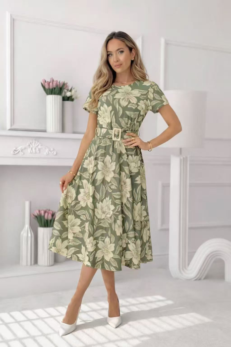 Rochie midi eleganta dama cu imprimeu floral, maneca scurta si cordon in talie [2]