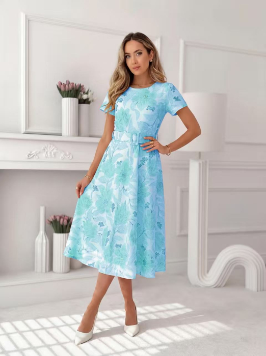 Rochie midi eleganta dama cu imprimeu floral, maneca scurta si cordon in talie [5]
