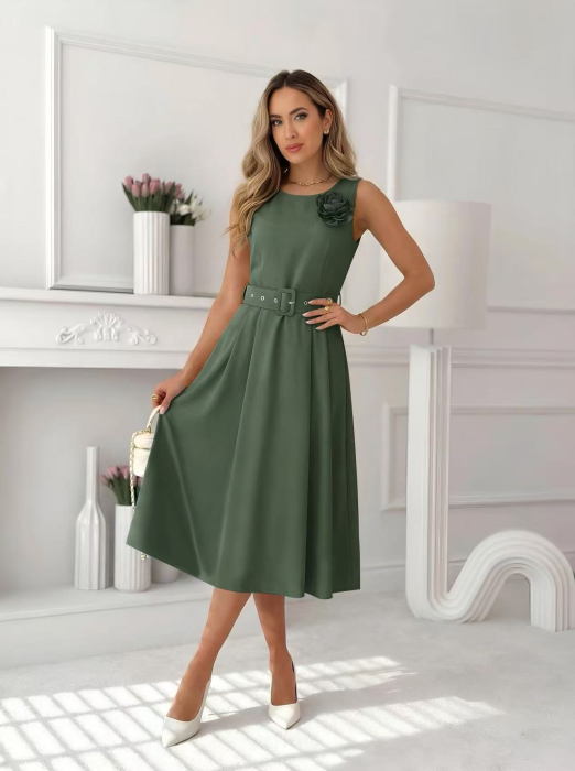 Rochie midi eleganta dama fara maneci cu floare decorativa si curea in talie A3011 [6]