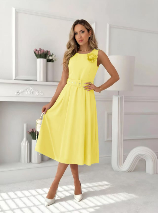 Rochie midi eleganta dama fara maneci cu floare decorativa si curea in talie A3011 [10]