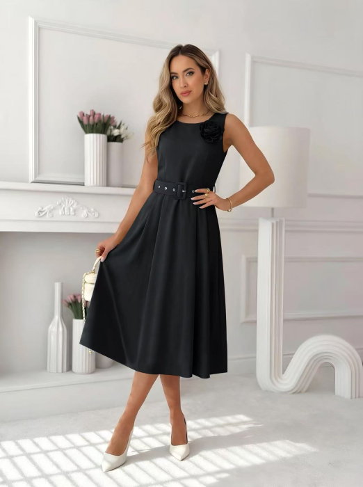 Rochie midi eleganta dama fara maneci cu floare decorativa si curea in talie A3011 [2]