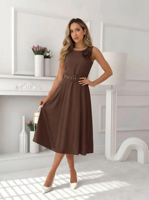 Rochie midi eleganta dama fara maneci cu floare decorativa si curea in talie A3011 [3]