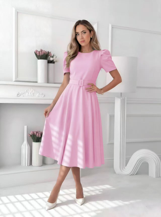 Rochie midi eleganta dama uni cu curea in talie si maneca bufanta [5]