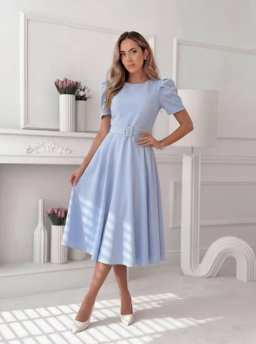 Rochie midi eleganta dama uni cu curea in talie si maneca bufanta [4]