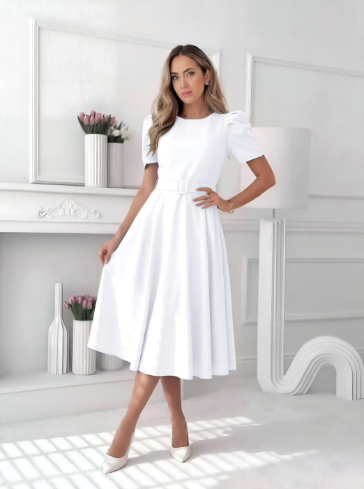 Rochie midi eleganta dama uni cu curea in talie si maneca bufanta [2]