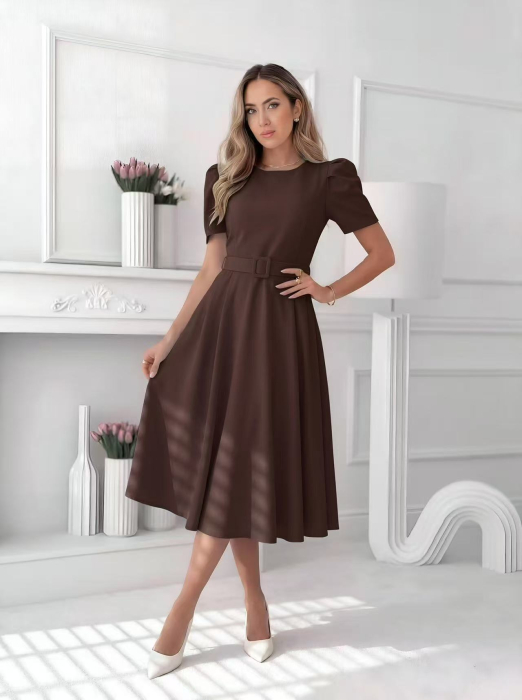 Rochie midi eleganta dama uni cu curea in talie si maneca bufanta [12]