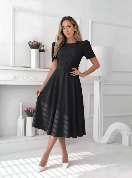 Rochie midi eleganta dama uni cu curea in talie si maneca bufanta [11]