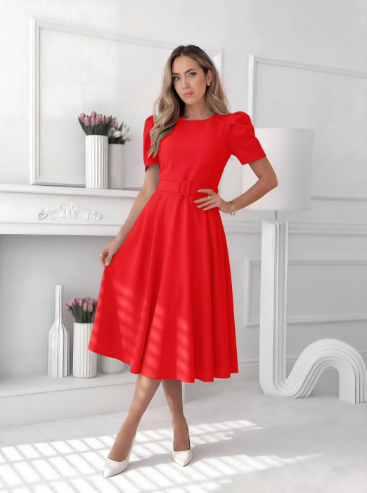 Rochie midi eleganta dama uni cu curea in talie si maneca bufanta [6]