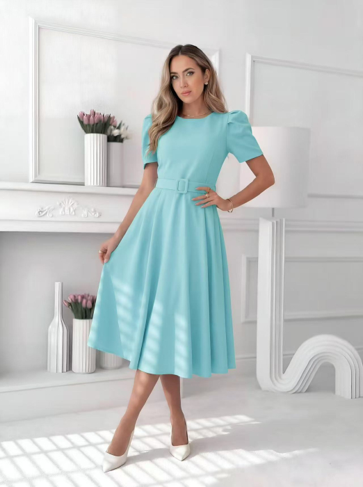Rochie midi eleganta dama uni cu curea in talie si maneca bufanta [7]