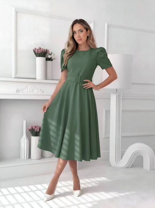 Rochie midi eleganta dama uni cu curea in talie si maneca bufanta [8]