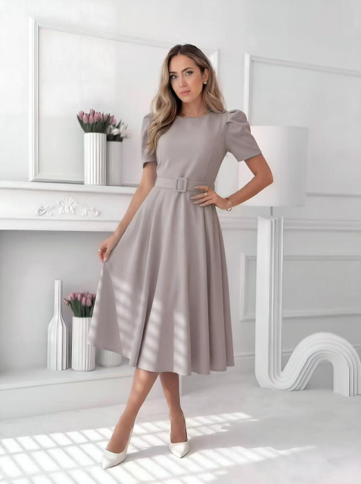 Rochie midi eleganta dama uni cu curea in talie si maneca bufanta [9]