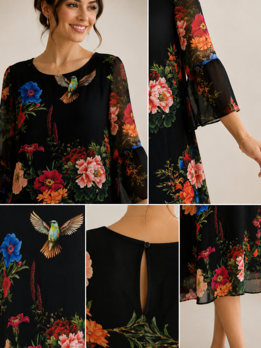 Rochie midi neagra cu imprimeu floral si maneci vaporoase [2]