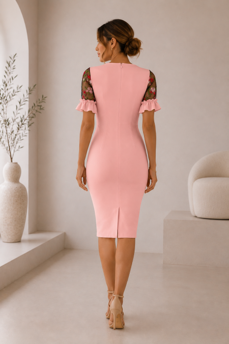 Rochie midi roz eleganta cu broderie florala din tull si maneci scurte cu volane [2]