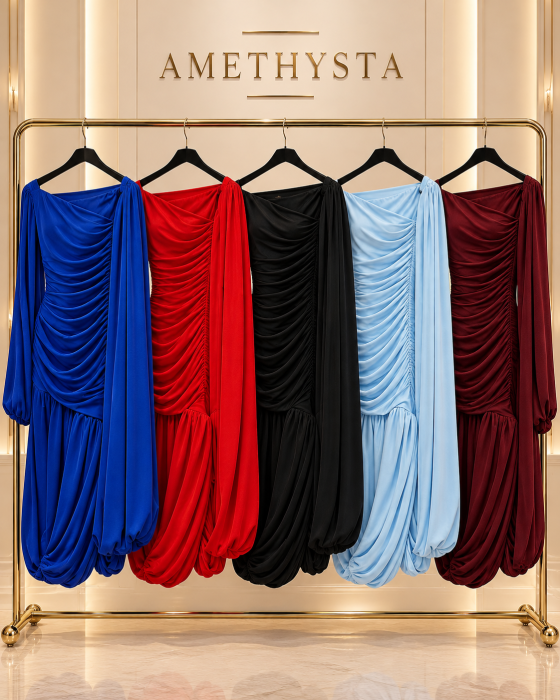 Rochie mini fronseu cu umeri goi si maneci ample [3]