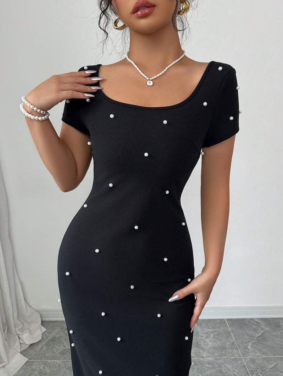 Rochie mulata eleganta cu perle aplicate, maneca scurta, marimi S-L [2]