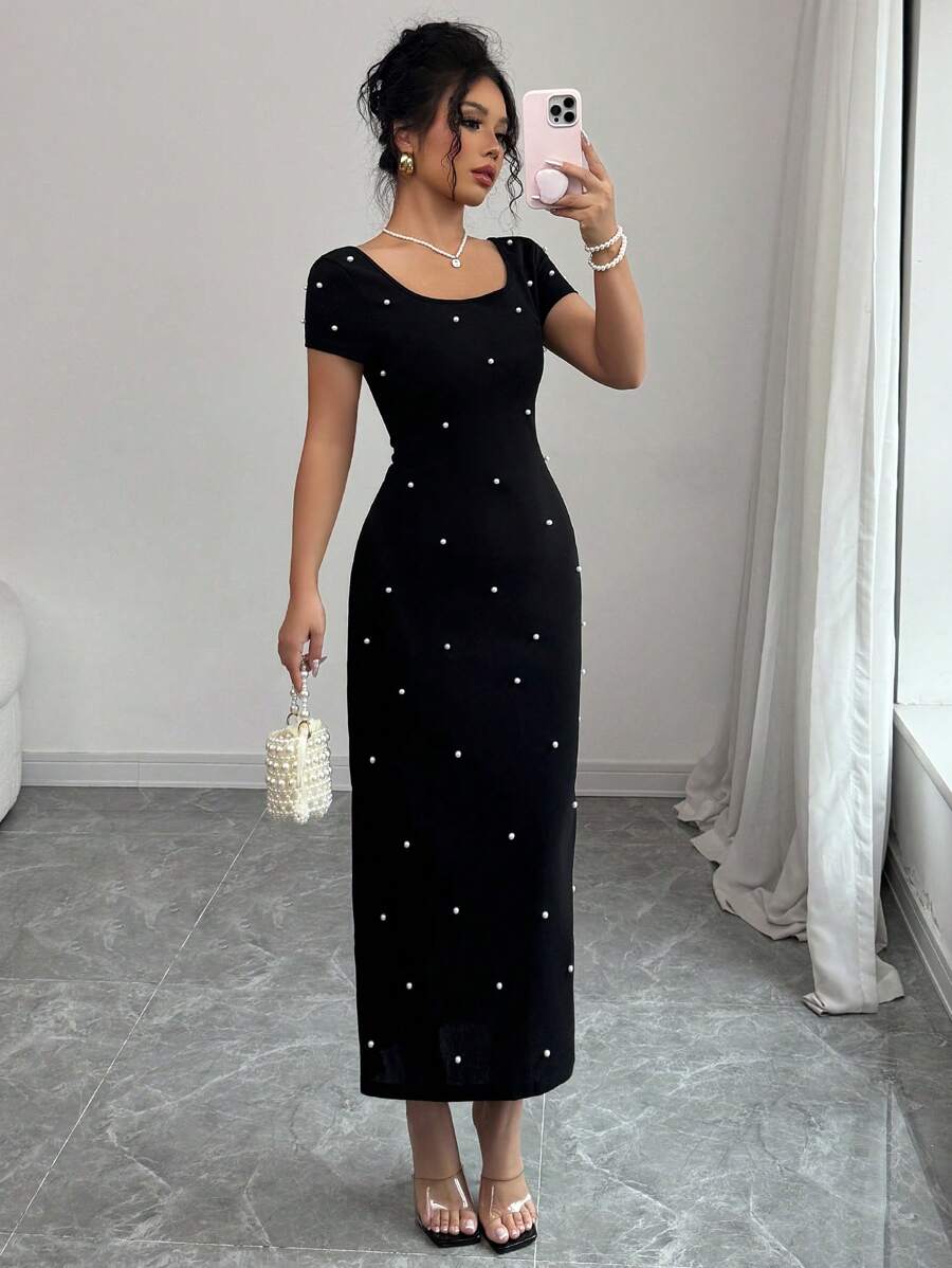 Rochie mulata eleganta cu perle aplicate, maneca scurta, marimi S-L [3]