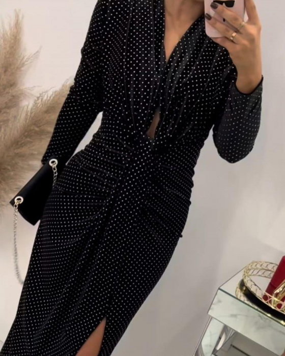 Rochie neagra maxi din jerseu cu strasuri cu fronseuri si decolteu adanc - Hannah - maneca lunga [3]