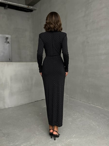 Rochie neagra maxi din jerseu cu strasuri cu fronseuri si decolteu adanc - Hannah - maneca lunga [2]