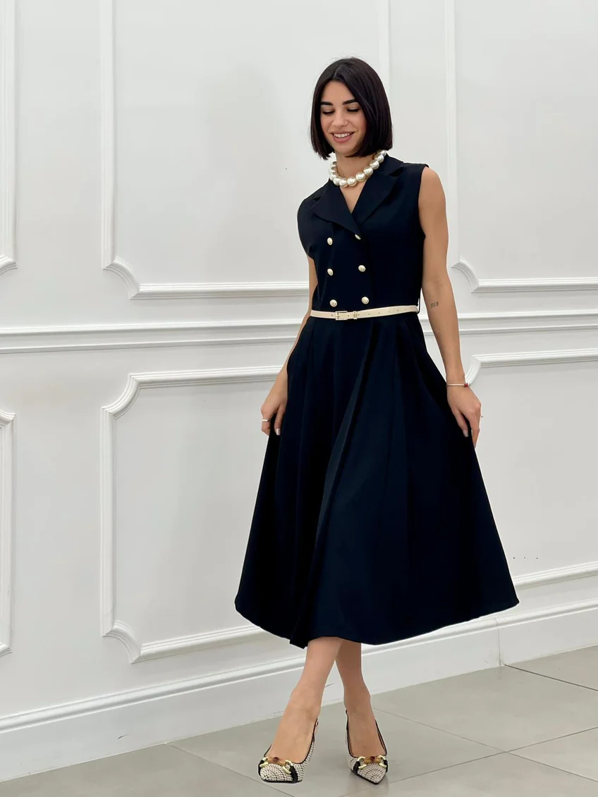 Rochie plisata eleganta cu nasturi si curea – marime universala S-L, croi regular, stil office [5]