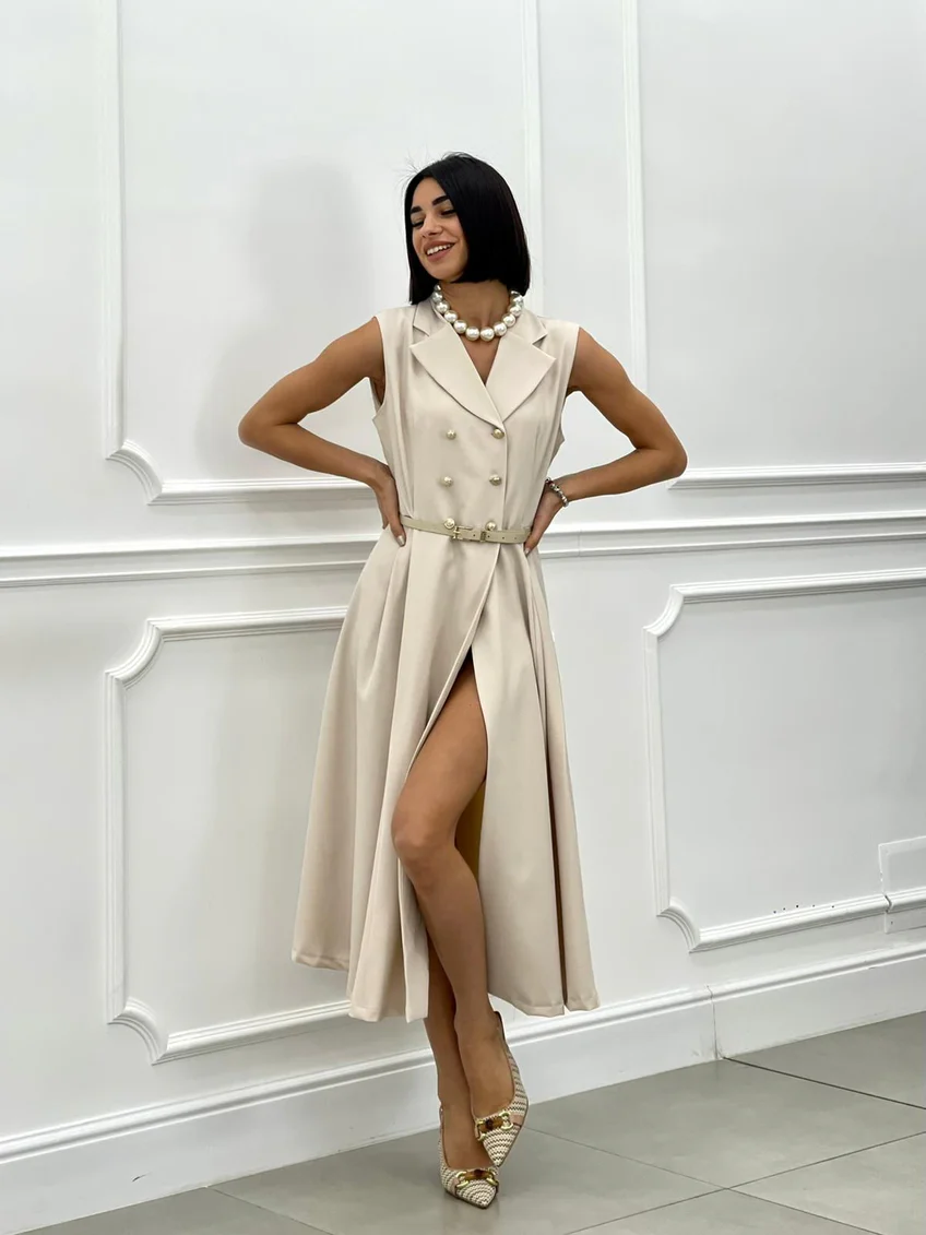 Rochie plisata eleganta cu nasturi si curea – marime universala S-L, croi regular, stil office [1]