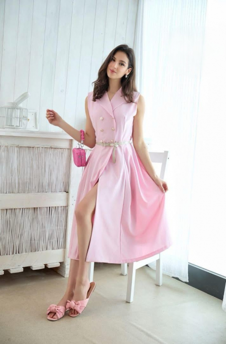 Rochie plisata eleganta cu nasturi si curea – marime universala S-L, croi regular, stil office [1]