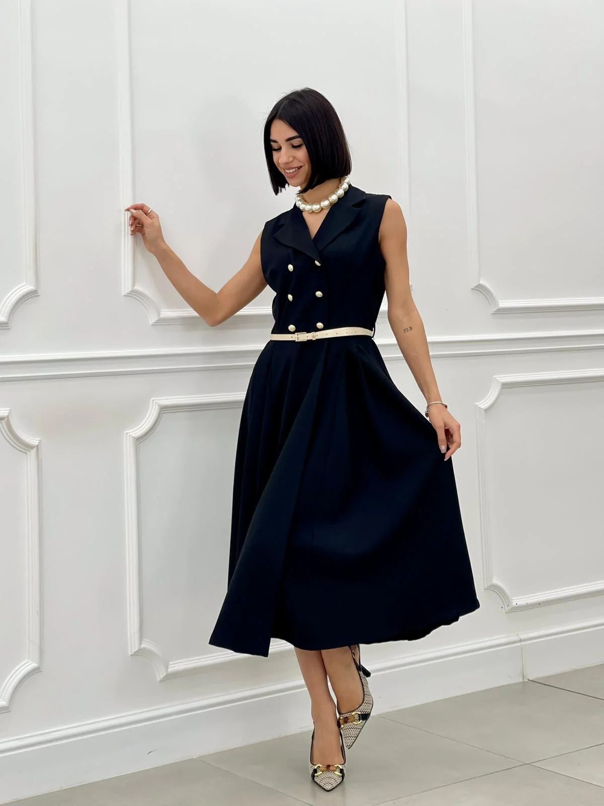 Rochie plisata eleganta cu nasturi si curea – marime universala S-L, croi regular, stil office [4]