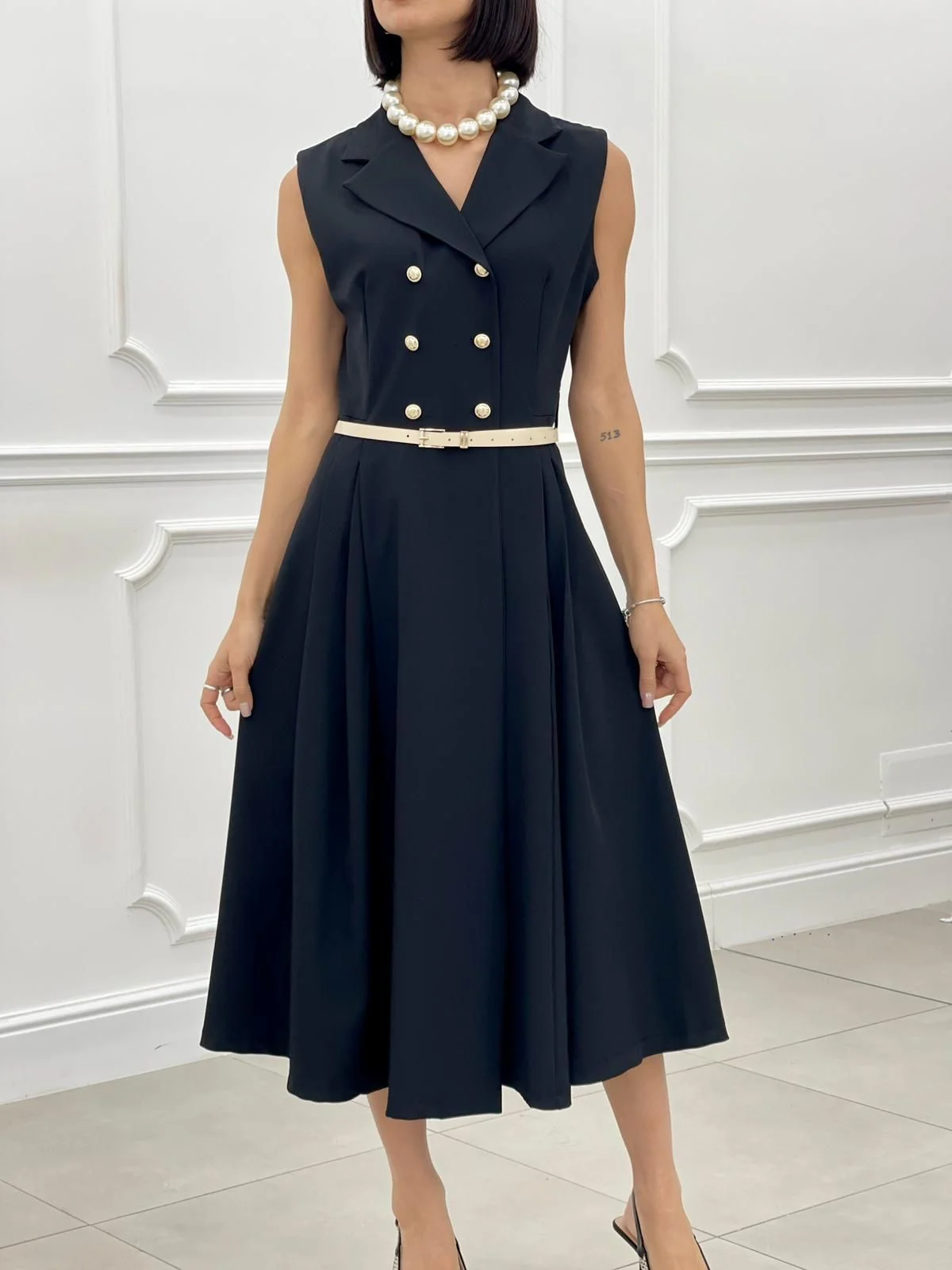 Rochie plisata eleganta cu nasturi si curea – marime universala S-L, croi regular, stil office [3]