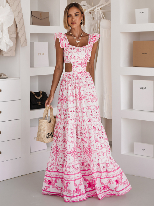 Rochie POSITANO Dama Lunga Cu Imprimeu Si Decupaje, Marime Universala, 2 Culori [5]