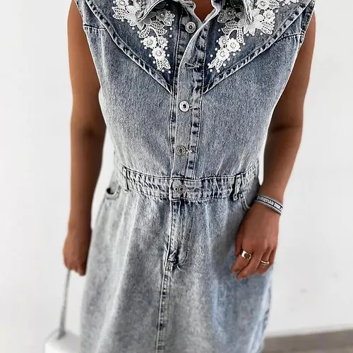 Rochie Sarafan Blugi - Denim - cu Dantela [3]